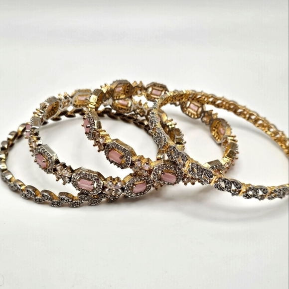 None Jewelry - Pastel Pink and White Rhinestone Gold Tone Bangle Bracelet Set of 4